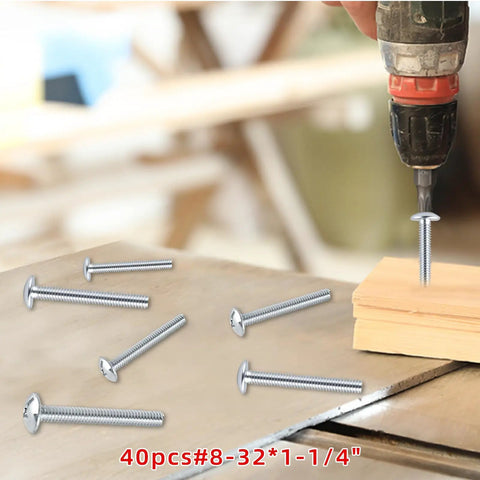 Heavy Duty Truss Head Machine Screws 8 32 X 1 1 4 Inch Zinc Plated Steel Hardware in use with a drill on wood surface.