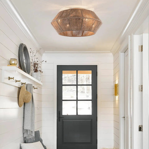 Handwoven Rattan Ceiling Fan with Light and Remote for Bedroom Living Room in a modern entryway.