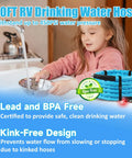 Child using 30FT RV Heated Water Hose For Campers on kitchen sink, advertised as lead and BPA free, with kink-free design, 450 PSI capacity.
