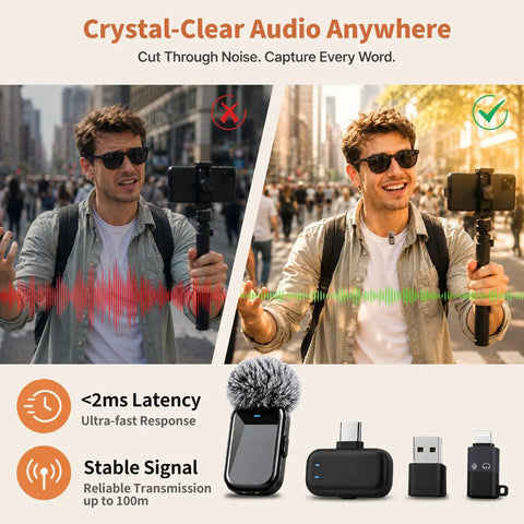 Mini Wireless Lavalier Microphone With AI Noise Cancellation, Dual Channel, 328ft Range in use during vlog recording outdoors
