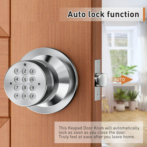 Keyless Entry Door Lock With Keypad And Smart Code Access, Silent Beep Mute Mode on wooden door, showing auto lock function.