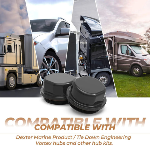Two-pack Dexter Vortex hub replacement caps with O-ring, black plastic for trailer and boat hub kits