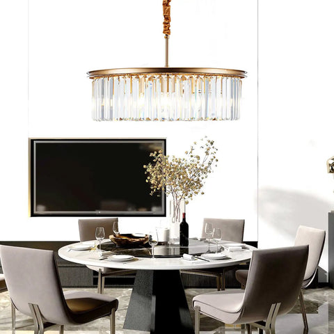23 Inch 8 Light Modern Crystal Chandelier With Dual Gold Rings hanging over a dining table, adding elegance to the room.