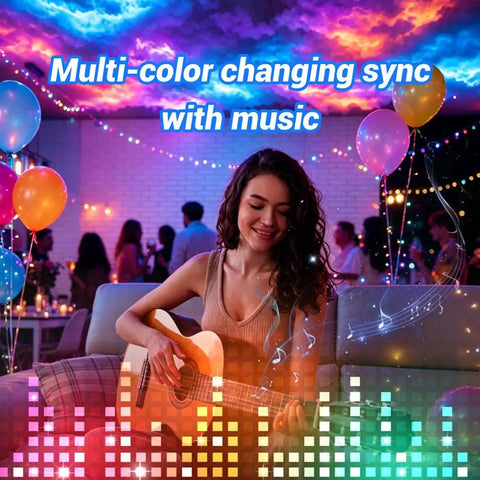 LED Thundercloud Cloud Light With Bluetooth Music Sync creating color atmosphere in party room with guitarist and balloons