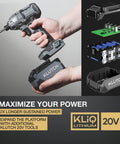 Person holding a Brushless 20 Volt Drill Driver And Impact Driver Kit showing battery pack with tool parts in the background.
