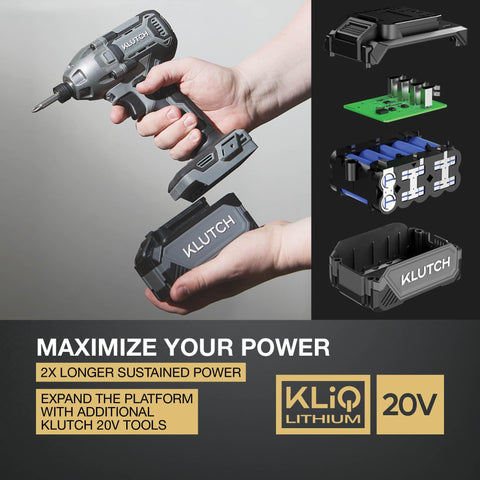 Person holding a Brushless 20 Volt Drill Driver And Impact Driver Kit showing battery pack with tool parts in the background.