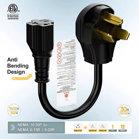 10 30P To 6 20R Dryer Adapter 30 Amp 125 250 Volt Heavy Duty 1 Foot Cord 12 AWG with anti-bending design