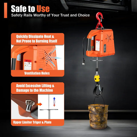 Rugged Heavy Duty 1500 Watt Electric Chain Hoist Winch With Remote 110V hanging above a barrel, showcasing ventilation and limit safety features.