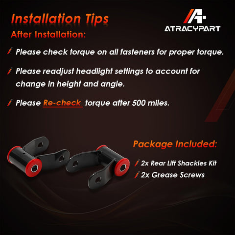 Installation guide and components of Rear Lift Shackle Kit For 1 To 1.5 Inch Lift Chevy Silverado And GMC Sierra 1500 Trucks 1988 To 2018 2WD 4WD Replacement Suspension Leaf Shackles Replaces 710515