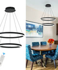 Black Two Ring LED Chandelier For Dining Room With Dimmable Remote Dope Circular Flush Mount Ceiling Light For High Ceilings