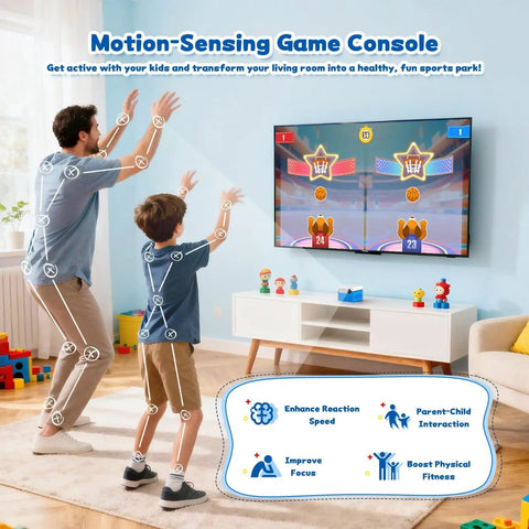 Active Motion Console With 41 Motion Games For Kids And Family, No Subscriptions, Continuous Updates, Plug And Play For Party Nights And Playdates, Dance, Sports, Puzzles, And Music Challenges showing dad and son playing indoors