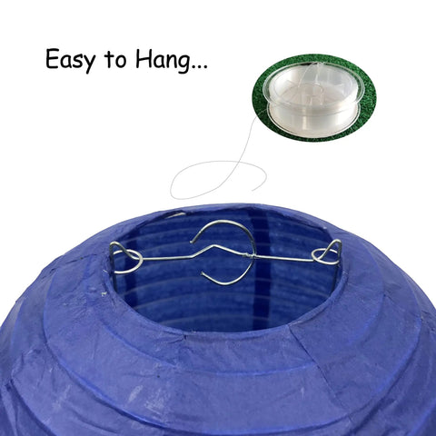 Easy assembly detail of 24 Piece Assorted Paper Lantern Set In Navy Blue Sky Blue And Ivory White Sizes 6 8 10 And 12 Inches For Home Decor Weddings And Parties Reusable Easy To Assemble LED Ready For Inside Lighting LED Light Not Included.