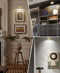Three Pack Wireless Battery Operated Picture Lights With Remote And Timer For Art Frames No Sweat Install Killer Glow Smooth Dimming In Gold Finish illuminating framed art and shelves in a stylish home.