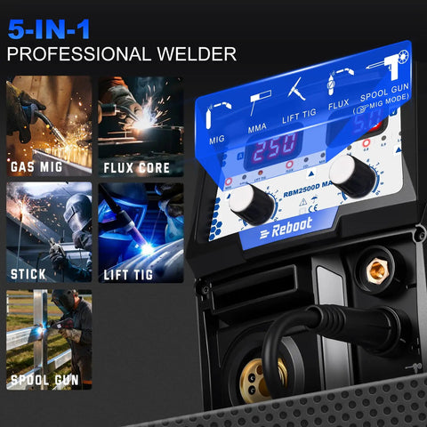 Five In One MIG Welder 250A Multiprocess Workhorse With Spool Gun Ready For Aluminum Lift TIG Gas And Gasless MIG Stick Welding