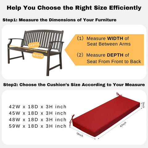 Waterproof Outdoor Bench Cushion 3 Inch High Density Foam Replacement Seat Pad For Patio Porch Swing 42 By 18 Inches Red With Ties For Garden Backyard Built To Last All Weather Furniture size guide and measurement instructions.