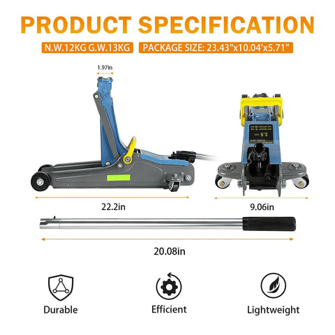 2.5 Ton Floor Jack With Portable Carrying Handle, Reflective Strip, Low Profile Hydraulic Lift From 3.35 In To 15.16 In, blue side view