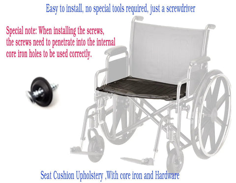 Top Shelf 24 By 18 Inch Wheelchair Seat Replacement Swap Out Featuring Rock Solid Embossed Black Vinyl Upholstery Arrives Fully Loaded With All Required Hardware And Core Irons Drops Right Into K7 Bariatric Sentra EC Frames, Installation guide with seat cushion and screw.