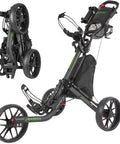 Three Wheel Golf Push Cart Quick Fold Large Platform with adjustable grip, folded design, and black wheels for easy transport.