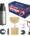 High Flow 12V Electric Fuel Pump Install Kit That Works With Toyota Pontiac Scion Nissan Lexus Honda Ford Universal Fit Replaces E2068 GSS341 E8229 E8577M SP8022M E8213 EFP382A Durable OEM Quality Gasoline Pump Kit components displayed with box.
