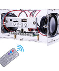 DIY Bluetooth Speaker Kit With USB Mini Stereo Amplifier Soldering Kit LED Lights Transparent Case, remote control shown