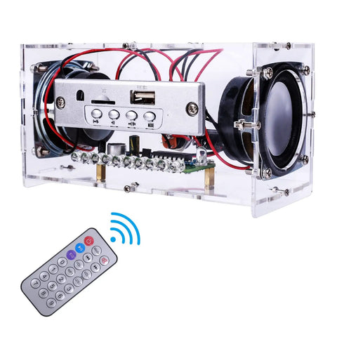 DIY Bluetooth Speaker Kit With USB Mini Stereo Amplifier Soldering Kit LED Lights Transparent Case, remote control shown