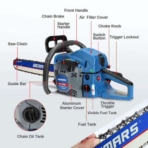Rugged 52cc Gas Chainsaw With 18 Inch Bar And Two Stroke Power For Cutting Wood Outdoors Garden Farm Or Home Use Boss Level Gas Powered Saw With Anti Vibration Handles For Smooth Control Includes Tool Kit details