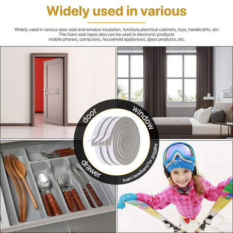 Kick Out Drafts With Premium Heavy Duty Foam Weather Stripping Tape Adhesive Door And Window Seal Half Inch Thick PU Compression Sponge Roll displayed in home applications.