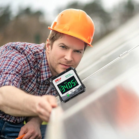 No Nonsense Digital Angle Gauge Meter delivering straight reads, with magnetic base used by a worker on metal surface.