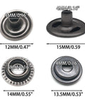 120 Pieces 15mm Stainless Steel Snap Fasteners Kit components showing dimensions and different angles, workhorse heavy duty press