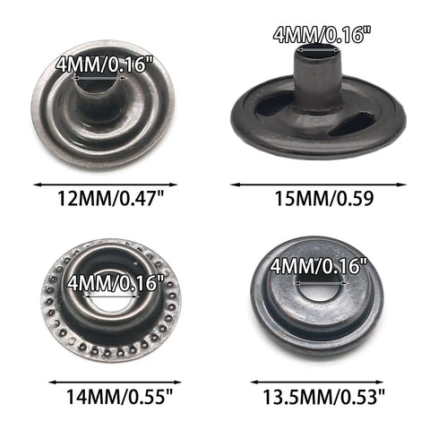 120 Pieces 15mm Stainless Steel Snap Fasteners Kit components showing dimensions and different angles, workhorse heavy duty press