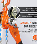 Manual Lever Chain Hoist 0.75 Ton 1650 Lbs 10 Ft Come Along Weston Double Pawl Brake Galvanized Steel 360 Degree Hook, features displayed.