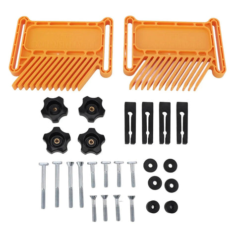 Heavy Duty Rock Solid Woodworking Featherboard Premium Steel Adjustable Stackable Safety Clamps For Table Saw Router Table Band Saw Save Knuckles And Workshop Flow Tight, includes orange featherboards and assorted mounting hardware.