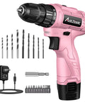 Pink 12V Cordless Drill And Driver Set With 21 Bits For Women, includes bits and charger, ideal for DIY home repairs.