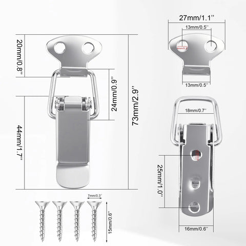 Diagram of spring loaded toggle latches with screws 73 mm stainless steel silver small clamp clips for toolbox case closure