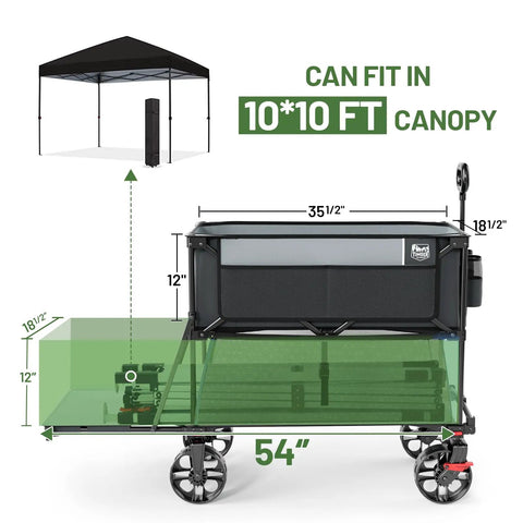400L Large Capacity Folding Wagon With Brakes, 54 Inch Extender, side view showing dimensions under 10x10 ft canopy.