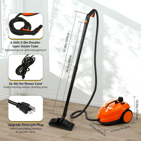 Heavy Duty 1800W Steam Cleaner Packing Five Bars Of Super Hot Vapor At 320F To Blast Away Grime Fast on display with hose and floor attachment.