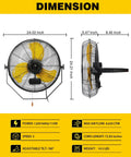 Beefy Waterproof 20 Inch Wall Mount Fan dimensions, front and side view, high velocity airflow, 3 speed settings, ETL listed, IPX4 ready.