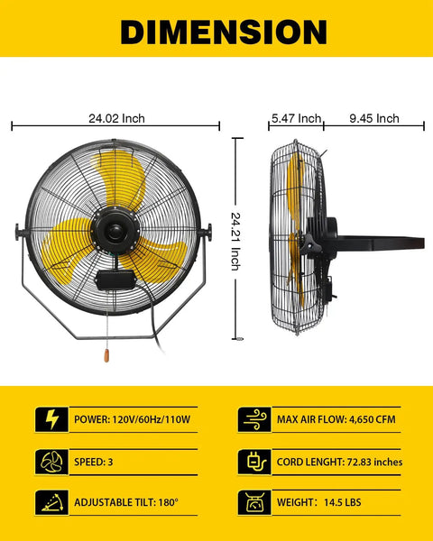 Beefy Waterproof 20 Inch Wall Mount Fan dimensions, front and side view, high velocity airflow, 3 speed settings, ETL listed, IPX4 ready.