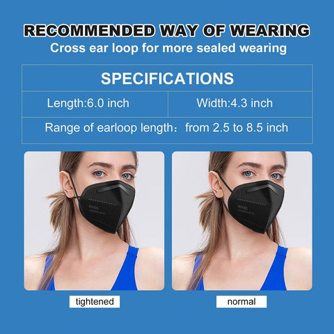 Person wearing Black KN95 Five Ply Cup Style Face Mask Breathable And Comfortable Fit With Over 95 Percent Filtration Efficiency in two wearing styles