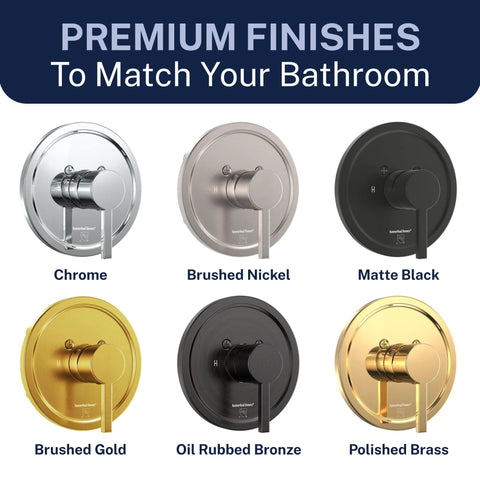 HammerHead Showers solid metal single-handle trim kit with rough-in valve; six finishes shown.