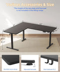 Boss Level Electric L Shaped Standing Desk Adjustable Height 63 X 55 Inches showing dimensions and features like rounded corners and foot pads.