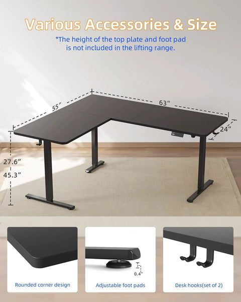 Boss Level Electric L Shaped Standing Desk Adjustable Height 63 X 55 Inches showing dimensions and features like rounded corners and foot pads.