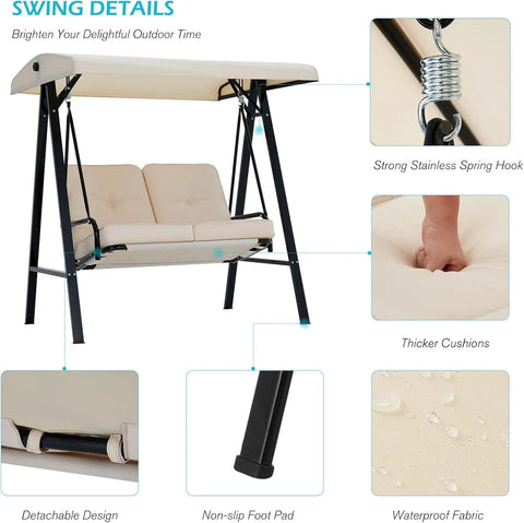 Two Seat Outdoor Patio Swing Chair With Adjustable Canopy Removable Cushions Sturdy 600 Lb Frame Beige with close-up features