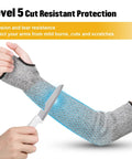 4 Pack Cut Resistant Arm Sleeves With Thumb Holes And Without, Thin Skin Protection, Black And Gray; shown resisting knife cut