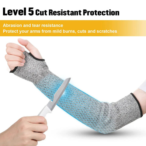 4 Pack Cut Resistant Arm Sleeves With Thumb Holes And Without, Thin Skin Protection, Black And Gray; shown resisting knife cut