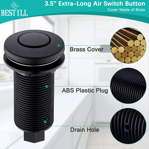 Five Foot Air Hose Sink Top Garbage Disposal Air Switch Button Matte Black Three Point Six Inch Long On Off Push Button Brass Cover Compatible With All Power Modules No Brainer Easy Install, showing brass cover, ABS plastic plug, drain hole.