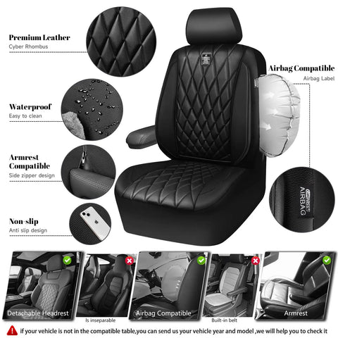 Dope Faux PU Leather Front Seat Covers For SUVs Vans And Trucks, Waterproof Anti Slip With Armrest, Airbag Compatible, All Black Diamond Stitch design.