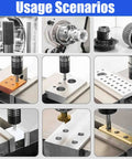 Rock Solid Vertical Electric Tapping Machine With One Meter Flexible Aluminum Arm And Auto Oil Blower For Precision Drilling Projects That Operate Hella Smooth Without Any Stress showcasing various drilling tasks on metal pieces.