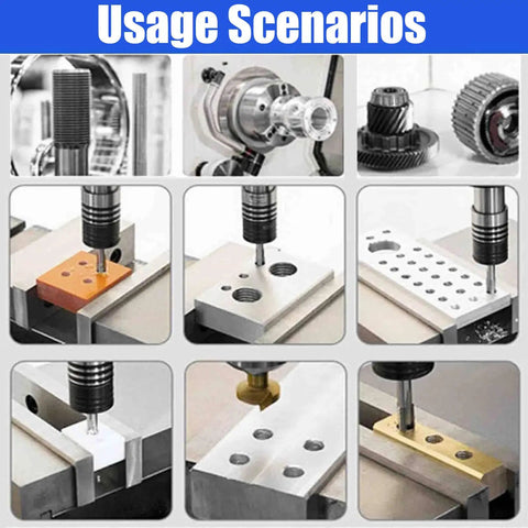 Rock Solid Vertical Electric Tapping Machine With One Meter Flexible Aluminum Arm And Auto Oil Blower For Precision Drilling Projects That Operate Hella Smooth Without Any Stress showcasing various drilling tasks on metal pieces.