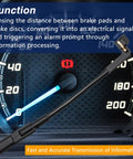 KPALAG front disc brake pad wear sensor, black plastic with metal contact, displayed over a car speedometer